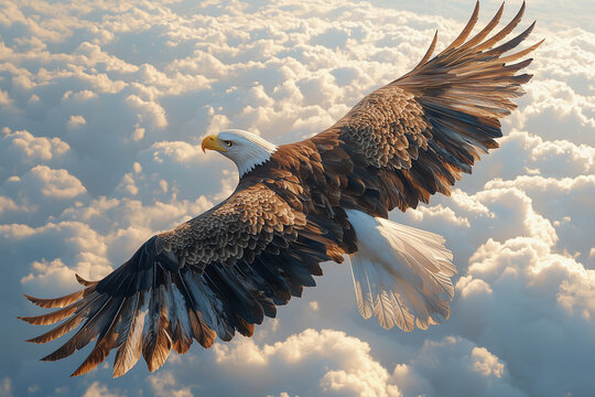 Majestic bald eagle soaring above the clouds with wings fully spread.  
