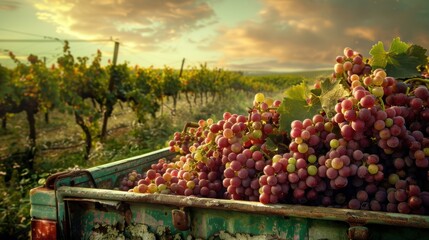 Fresh newly harvested grape in wooden crate in plantation farm