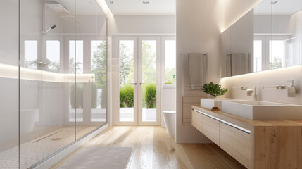 Spacious and bright bathroom with walk in shower, featuring modern fixtures and natural light. wooden accents add warmth, creating serene atmosphere