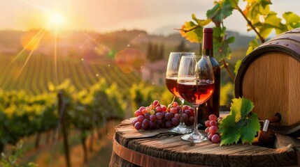 Wine glass grape with background of grape plantation winery