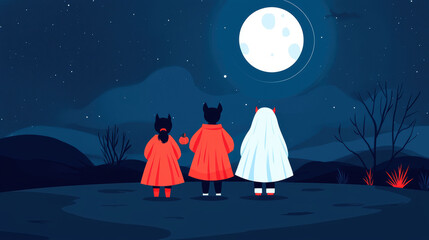 Children dressed as monsters, trick-or-treating under a full moon, flat design illustration