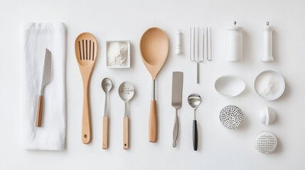 Flat lay shot of kitchen tools on a white background, minimalist design, clear and bright, perfect for e-commerce