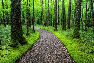 Obraz premium A path through a dense forest, with moss-covered trees and a soft layer of leaves underfoot