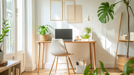 A minimalist home office features clean desk with laptop, surrounded by light walls and greenery. space exudes tranquility and productivity, perfect for focused work