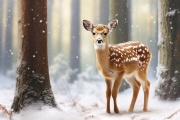 Obraz premium A male of fallow deer with grate antlers standing on the snow