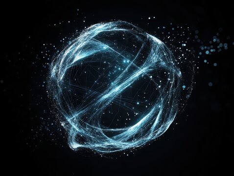 Glowing blue energy sphere with swirling light trails on a black background.