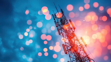 A vivid image of a telecommunications tower against a blue background, illuminated by colorful bokeh lights, symbolizing connectivity and technology.