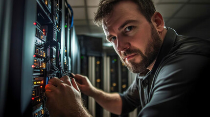 Portrait of an IT expert troubleshooting server issues, focused and analytical, server racks in the background