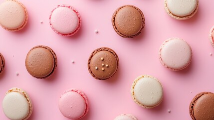 Obraz premium Colorful macaroons arranged on a pink surface, showcasing a variety of flavors and textures for a delightful dessert experience.