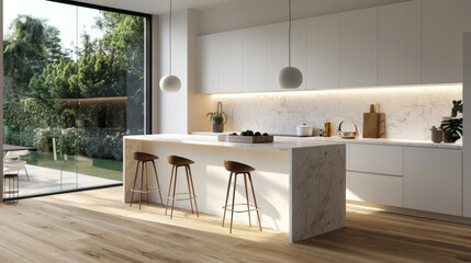 Minimalist kitchen with sleek white cabinets, marble countertops, and natural light. space features wooden flooring and serene outdoor view, creating calming atmosphere