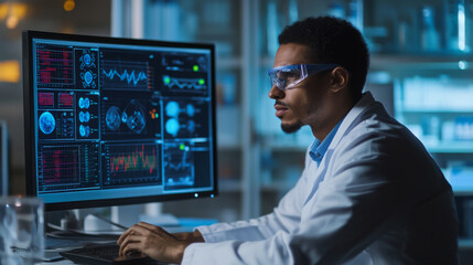 Portrait of a scientist analyzing data on a computer, complex graphs on the screen, research lab background