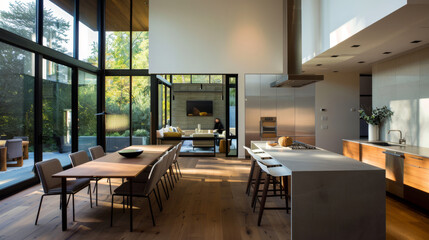 Modern kitchen with sleek cabinets, large island, and abundant natural light. open layout creates warm and inviting atmosphere, perfect for gatherings