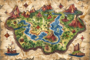 A map of a tropical island with mountains and a volcano