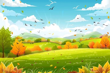 Autumn Landscape With Flying Birds