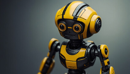A cute, small, yellow astronaut robot with a simplistic face and backpack on a monochrome background.