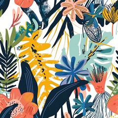 Colorful Tropical Leaves and Flowers Seamless Pattern