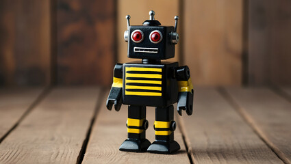 Fototapeta premium A cute, small, yellow astronaut robot with a simplistic face and backpack on a monochrome background.