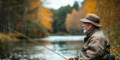 A senior man fishing by a peaceful river, the quiet stillness of nature around him, as he enjoys a simple retirement activity