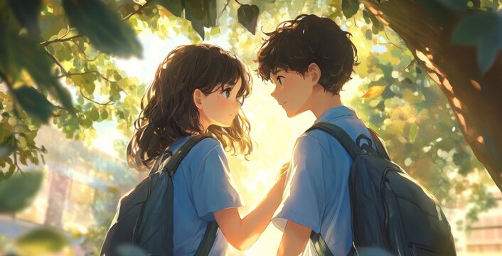 Anime Illustration of a Boy and Girl Holding Hands, Facing Each Other in a Schoolyard, Surrounded by Sunlight Filtering Through Leaves.
