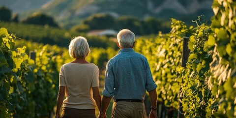 A retired couple walking through a vineyard, admiring the lush scenery and celebrating their newfound time for travel and exploration