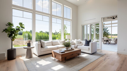A bright and airy living room features large windows that invite natural light, showcasing comfortable sofa and stylish decor. serene atmosphere is perfect for relaxation
