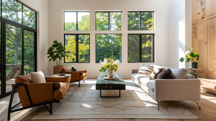 A bright and airy living room featuring large windows that invite natural light, comfortable seating, and stylish decor, creating warm and inviting atmosphere