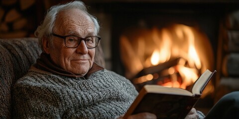 An elderly man sitting by a fireplace, reading a classic novel with his glasses perched on his nose, enjoying the quiet moments of retirement