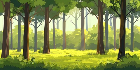 Fototapeta premium Green Forest Illustration With Sunlight Shining Through The Trees