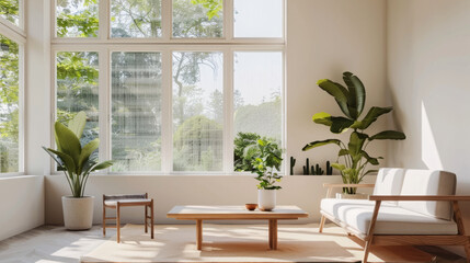 A bright and airy living room featuring large windows that invite natural light, complemented by indoor plants that enhance serene atmosphere. minimalist design creates peaceful retreat
