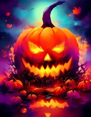 Obraz premium digital art painting of Jack-o'-lantern, carved pumpkin with spooky face for halloween theme