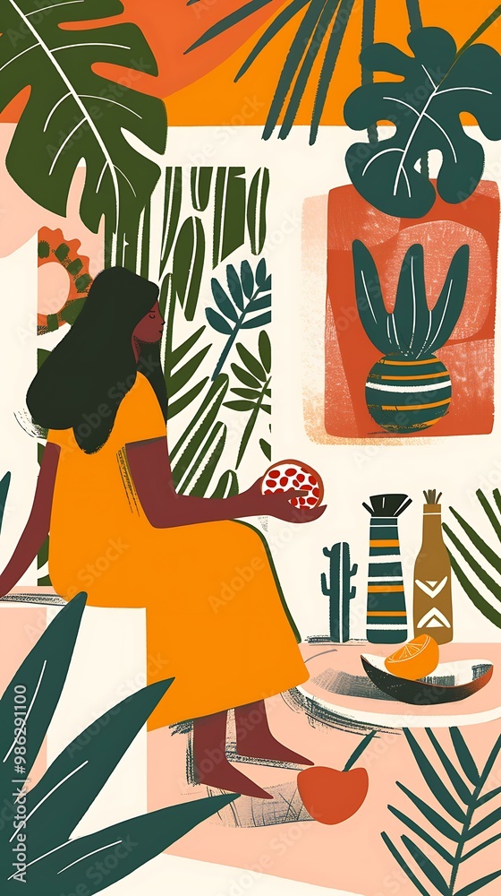 Canvas Prints Woman with Tropical Plants in a Room Illustration