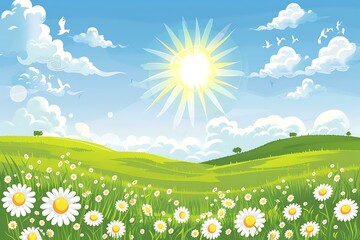 Fototapeta premium Summer Meadow Landscape With Sun and Clouds Illustration