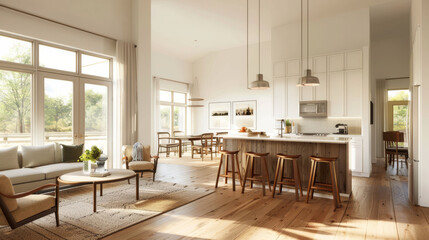 Fototapeta premium A bright and airy open kitchen features dining table, bar stools, and cozy living area, creating welcoming atmosphere for gatherings and meals