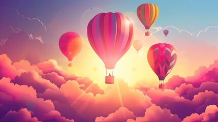 Fototapeta premium Colorful Hot Air Balloons Flying in the Sky with Clouds and Sun
