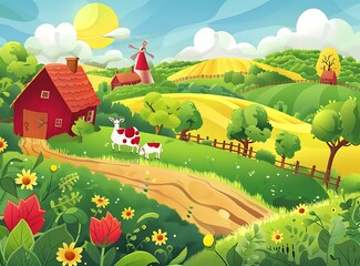 Cartoon Illustration of a Countryside Farm Scene