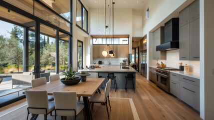 A modern open kitchen featuring sleek cabinets, large island, and abundant natural light. spacious dining area complements elegant design, creating warm and inviting atmosphere