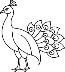 A peacock outline vector art smooth illustration, solid black and white peacock line art with no background design.