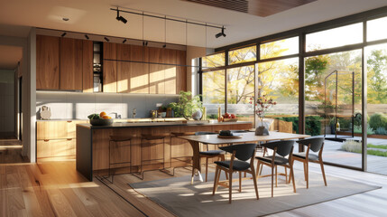 Fototapeta premium Modern kitchen with sleek cabinets, large island, and dining area featuring wooden furniture. space is bright and inviting, surrounded by large windows that offer view of outdoor garden