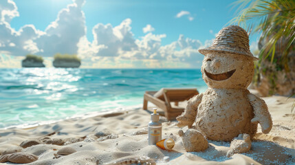 A cheerful sandman wearing a straw hat on a sunny beach, surrounded by a tropical landscape and calm ocean waves.