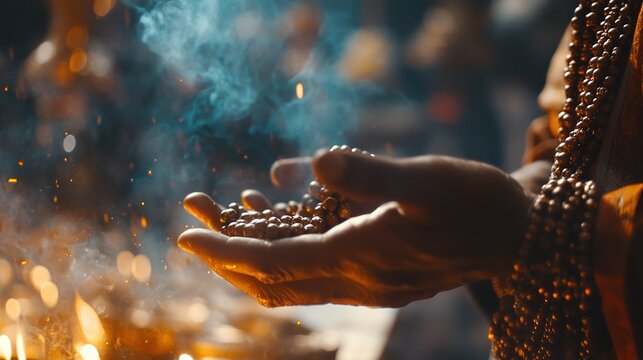 A hand holds prayer beads amidst smoke, symbolizing meditation and spirituality in a serene atmosphere.