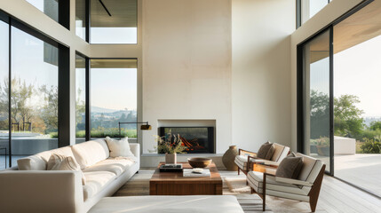 A modern living room featuring cozy fireplace, large windows, and neutral tones creates serene atmosphere. elegant furniture and natural light enhance inviting space