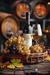 Obraz premium Fresh grape, grape wine bottle and glass in vintage wine cellar with wine barrels