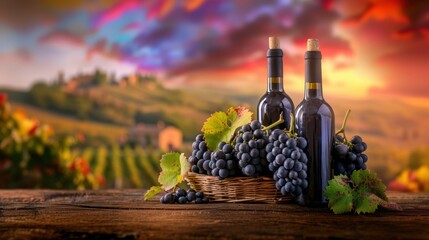 Fototapeta premium Wine glass grape with background of grape plantation winery