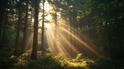 Obraz premium Sunbeams Illuminating a Misty Forest Floor