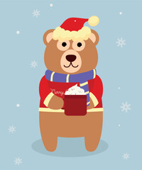 Merry Christmas Illustration with Bear Holding Cappuccino