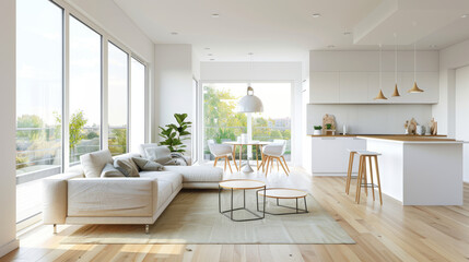 Fototapeta premium Modern open plan living area with stylish sofa, light hardwood floors, and large windows allowing natural light. space features dining area and sleek kitchen, creating warm and inviting atmosphere