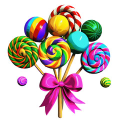 Obraz premium Colorful lollipops bouquet tied with pink ribbon for candy theme