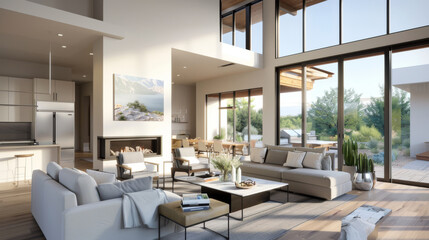 A modern living room featuring fireplace, large windows, and neutral tones creates serene atmosphere. open layout connects to dining area, enhancing spacious feel