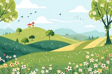 Fototapeta premium Spring Landscape With Green Hills and a Small House