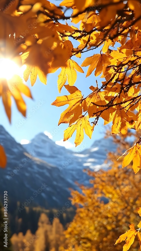 Sticker Golden Leaves Against Mountain and Blue Sky